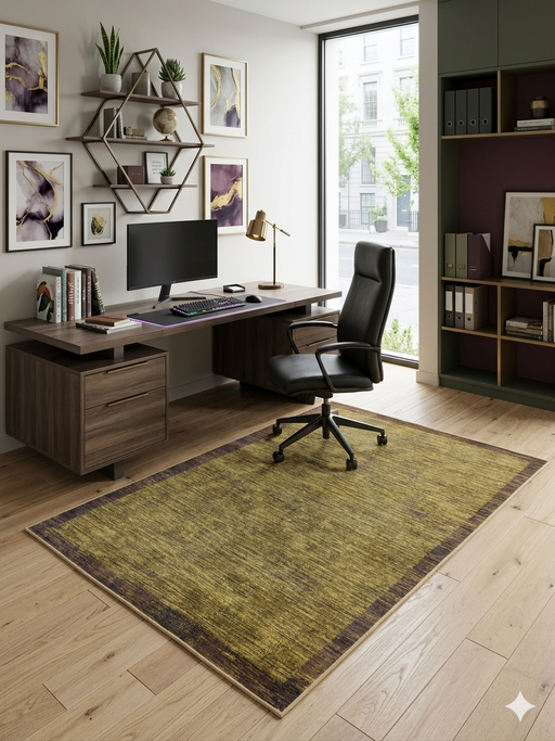 5' x 7' Rectangular Gold & Brown Textured Border Modern Area Rug placed in a modern home office.