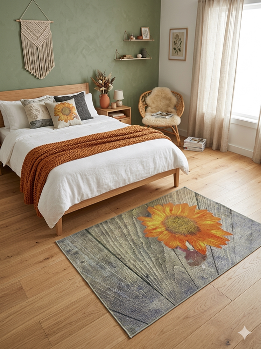 5' x 7' Rectangular Gray Orange Sunflower Floral Rustic Farmhouse Area Rug styled in a bedroom.