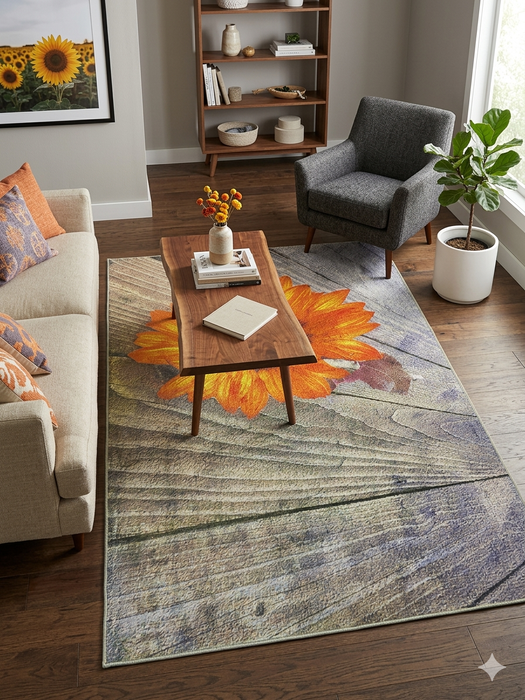 5' x 7' Rectangular Gray Orange Sunflower Floral Rustic Farmhouse Area Rug styled in a living room.