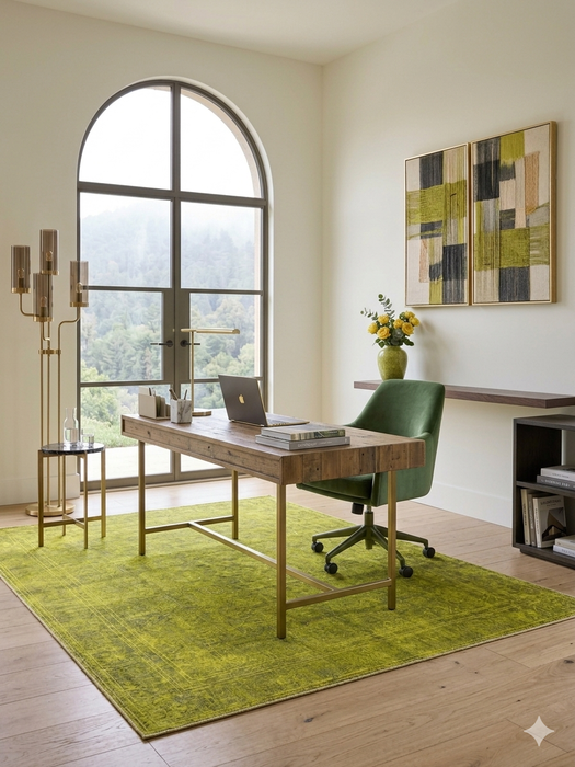 5' x 7' Rectangular Mustard Gold Distressed Medallion Traditional Washable Area Rug styled in a home office with a wooden desk, green swivel chair, and scenic arched window views.