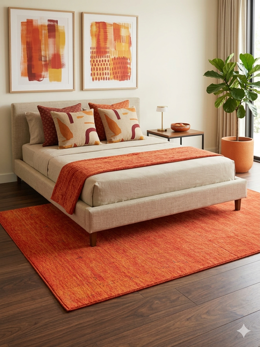 5' x 7' Rectangular Orange Rust Solid Minimalist Modern Area Rug styled in a bedroom with neutral bedding and coordinated accent pillows.