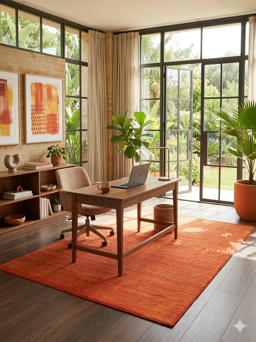 5' x 7' Rectangular Orange Rust Solid Minimalist Modern Area Rug styled in a home office with natural light and indoor plants.