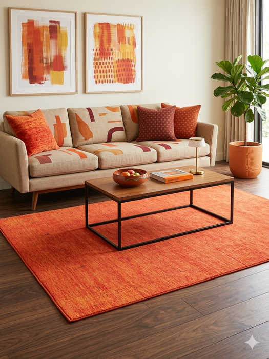 5' x 7' Rectangular Orange Rust Solid Minimalist Modern Area Rug styled in a living room with warm-toned decor and abstract wall art.