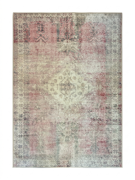 5' x 7' Rectangular Pink Gray Distressed Medallion Vintage Traditional Area Rug isolated on a white background.