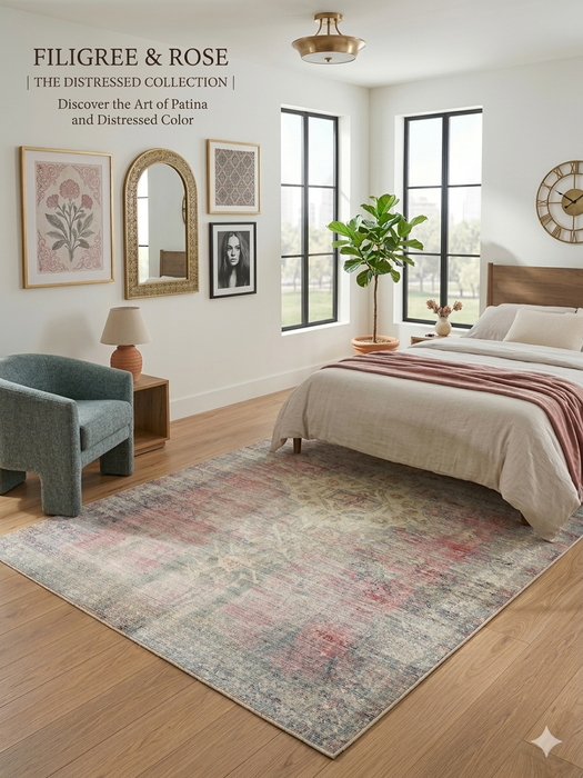 5' x 7' Rectangular Pink Gray Distressed Medallion Vintage Traditional Area Rug styled in a bedroom.