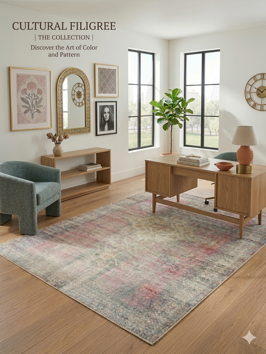 5' x 7' Rectangular Pink Gray Distressed Medallion Vintage Traditional Area Rug styled in a home office.