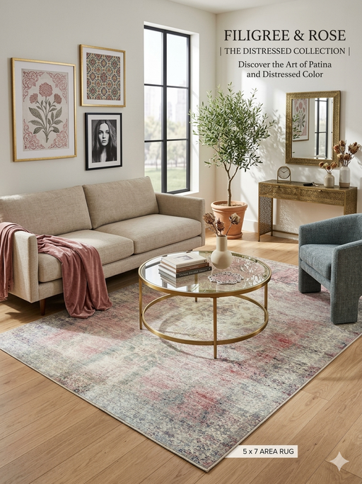 5' x 7' Rectangular Pink Gray Distressed Medallion Vintage Traditional Area Rug styled in a living room.
