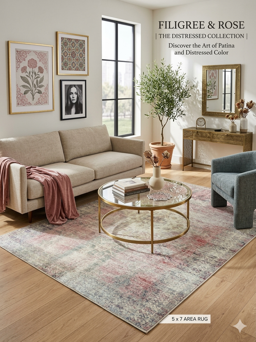 5' x 7' Rectangular Pink Gray Distressed Medallion Vintage Traditional Area Rug styled in a living room.