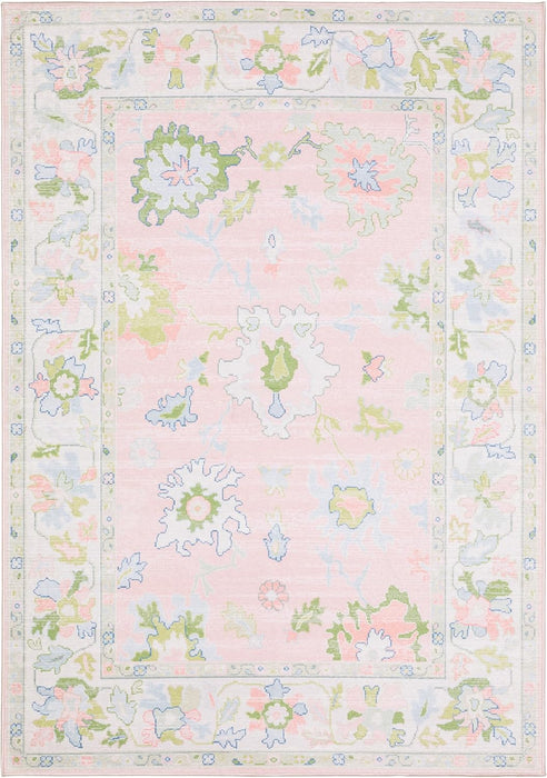 5' x 7' Rectangular Pink Multicolor Floral Traditional Washable Area Rug displayed on a white background, highlighting its delicate floral motifs and pastel pink, green, and blue accents.
