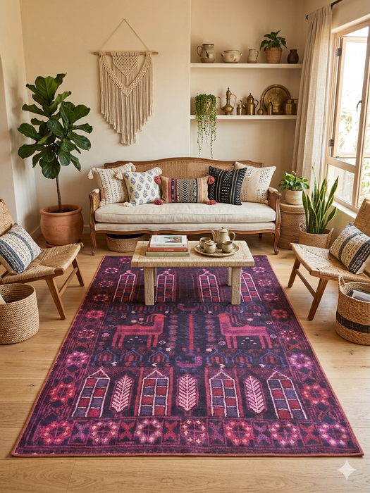 5' x 7' Rectangular Purple & Pink Tribal Southwestern Washable Area Rug placed in a cozy bohemian living room beneath a wooden coffee table.