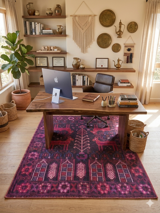 5' x 7' Rectangular Purple & Pink Tribal Southwestern Washable Area Rug placed in a creative home office beneath a wooden desk.