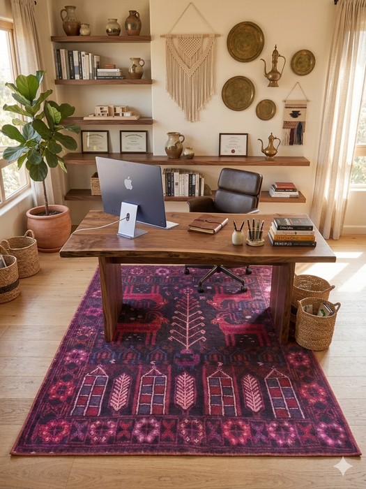 5' x 7' Rectangular Purple & Pink Tribal Southwestern Washable Area Rug placed in a creative home office beneath a wooden desk.