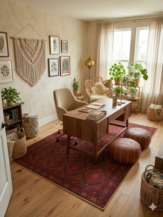 5' x 7' Rectangular Red & Black Geometric Tribal Washable Area Rug styled in a home office with natural light and indoor plants.