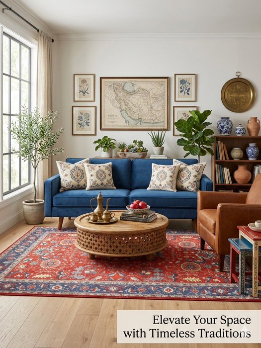 5' x 7' Rectangular Red & Blue Floral Traditional Area Rug placed in a bright living room with blue sofa and round coffee table.