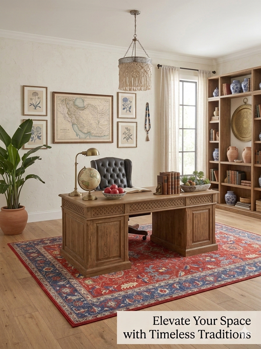 5' x 7' Rectangular Red & Blue Floral Traditional Area Rug styled in a classic home office with wooden desk and bookshelves.