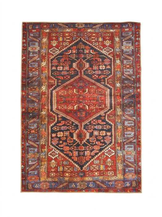 5' x 7' Rectangular Red & Blue Tribal Geometric Medallion Traditional Area Rug isolated on a white background.