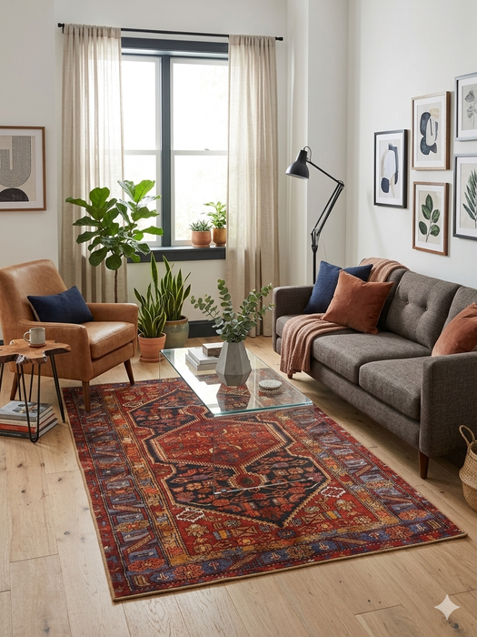 5' x 7' Rectangular Red & Blue Tribal Geometric Medallion Traditional Area Rug styled in a living room with a sofa, accent chair, and coffee table.