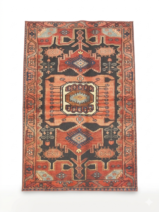 5' x 7' Rectangular Rust Orange & Black Tribal Geometric Medallion Traditional Washable Area Rug isolated on a white background.