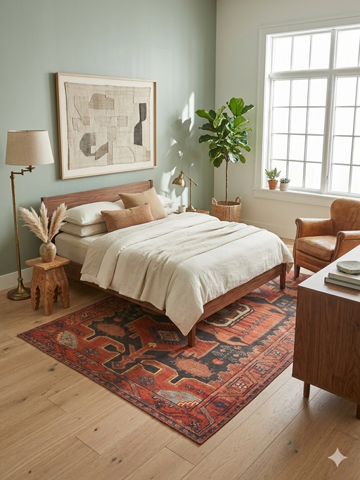 5' x 7' Rectangular Rust Orange & Black Tribal Geometric Medallion Traditional Washable Area Rug styled in a bedroom with a bed and accent furniture.