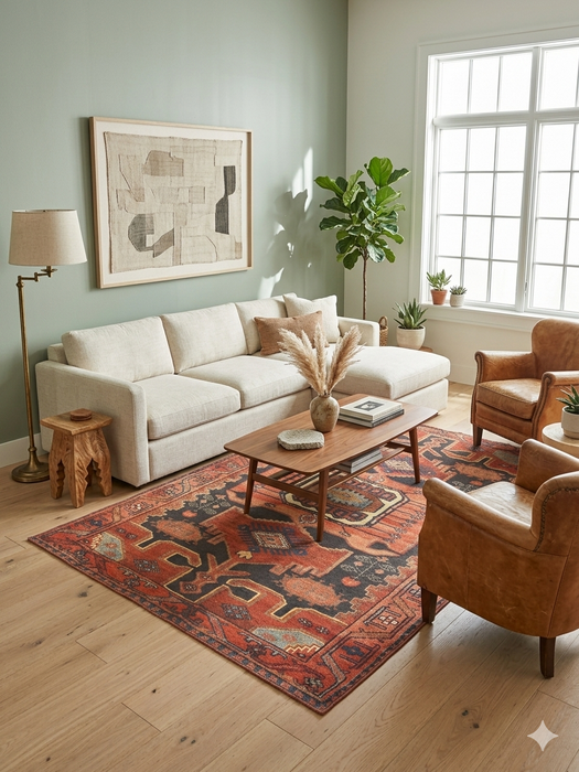 5' x 7' Rectangular Rust Orange & Black Tribal Geometric Medallion Traditional Washable Area Rug styled in a living room with a sofa, chairs, and a coffee table.