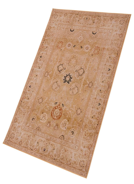 5' x 7' Rectangular Warm Beige & Taupe Floral Medallion Vintage Traditional Area Rug placed in a living room setting.