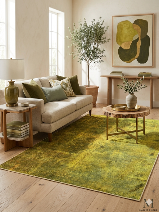 5' x 7' rectangular yellow & green distressed abstract modern area rug placed in a bright living room with neutral furniture and natural wood accents.