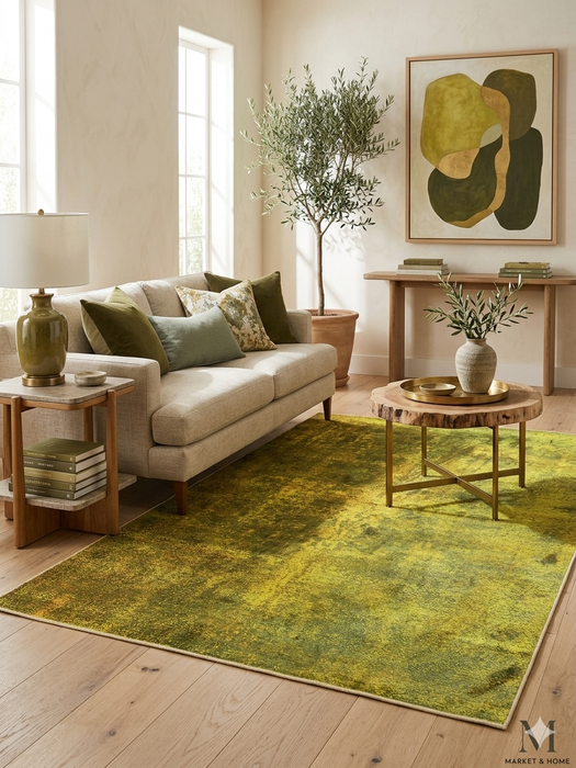 5' x 7' rectangular yellow & green distressed abstract modern area rug placed in a bright living room with neutral furniture and natural wood accents.