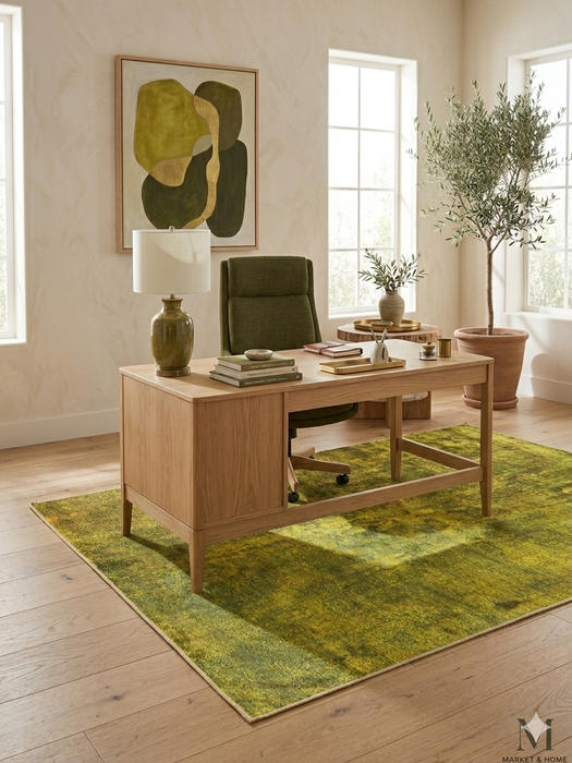 5' x 7' rectangular yellow & green distressed abstract modern area rug placed in a home office with a wooden desk and minimalist decor.