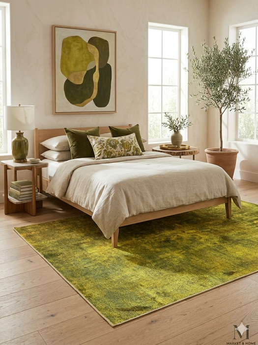 5' x 7' rectangular yellow & green distressed abstract modern area rug styled in a light-filled bedroom with soft bedding and warm wood tones.