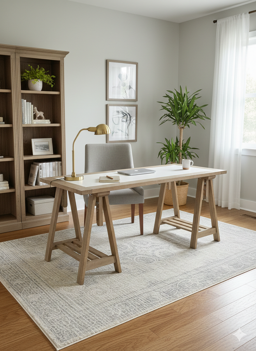 5' x 8' Rectangle Ivory & Gray Floral Medallion Traditional Area Rug placed in a contemporary home office.