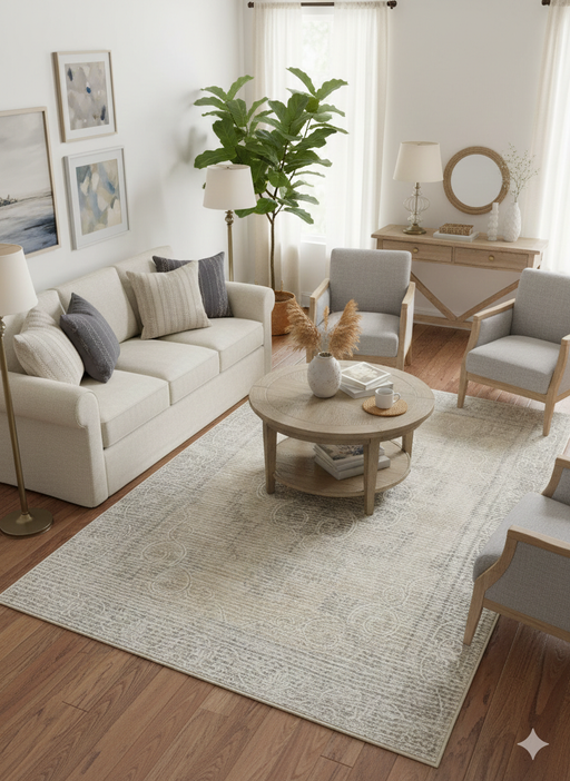 5' x 8' Rectangle Ivory & Gray Floral Medallion Traditional Area Rug styled in a contemporary living room.