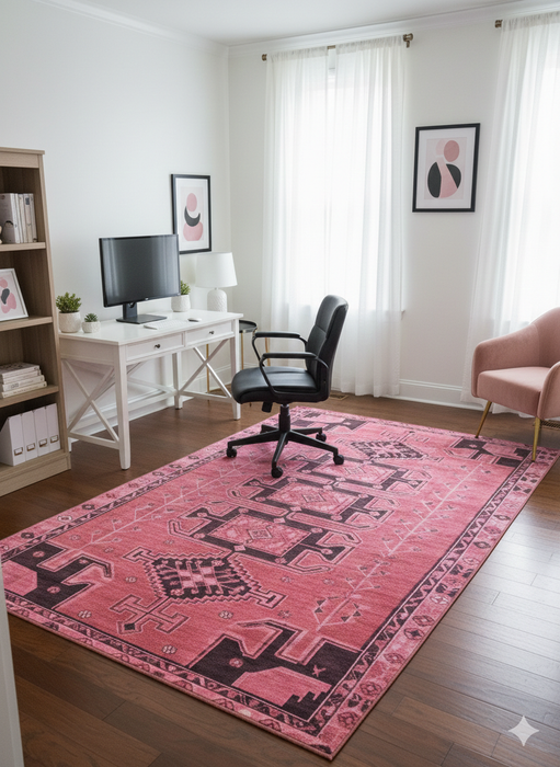 5' x 8' Rectangle Pink & Black Geometric Tribal Bohemian Area Rug placed in a bright modern home office with white desk and blush accent chair.