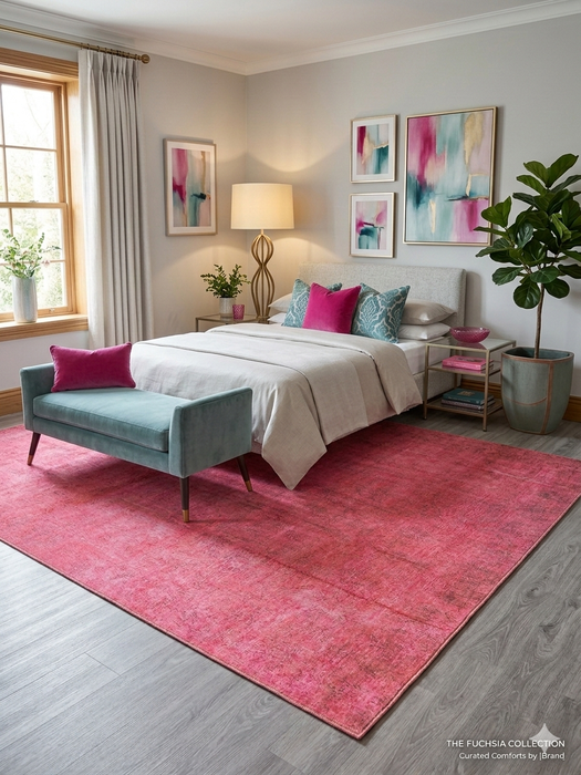 5' x 8' Rectangle Pink Distressed Modern Washable Area Rug styled in a bright bedroom with teal bench seating and colorful abstract wall art.