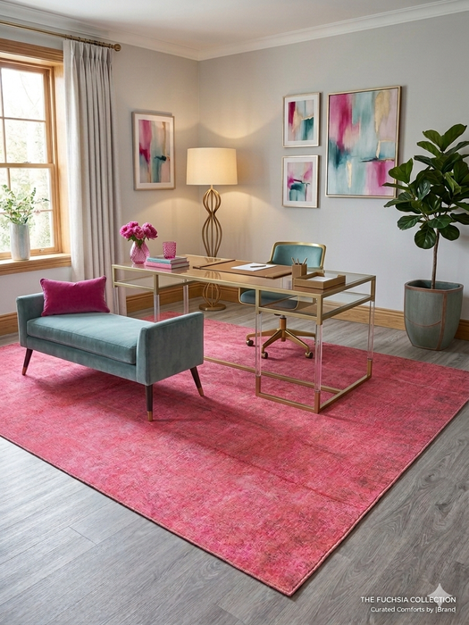 5' x 8' Rectangle Pink Distressed Modern Washable Area Rug styled in a contemporary living room with a neutral sofa, teal accent chair, and glass coffee table.