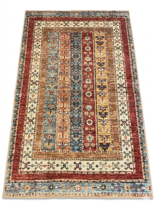 5' x 8' Rectangular Beige Multicolor Striped Floral Traditional Area Rug isolated on a white background.