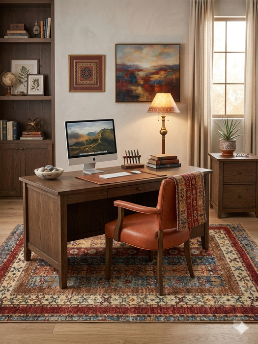 5' x 8' Rectangular Beige Multicolor Striped Floral Traditional Area Rug styled in a classic home office with rich wood furnishings and earthy décor.