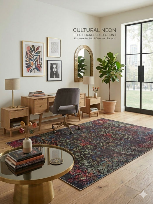 5' x 8' Rectangular Black Multi Color Distressed Ornate Vintage Traditional Area Rug styled in a home office.