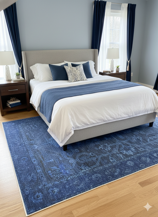 5' x 8' Rectangular Blue & Light Blue Distressed Floral Medallion Vintage Washable Area Rug placed in a cozy bedroom setting.