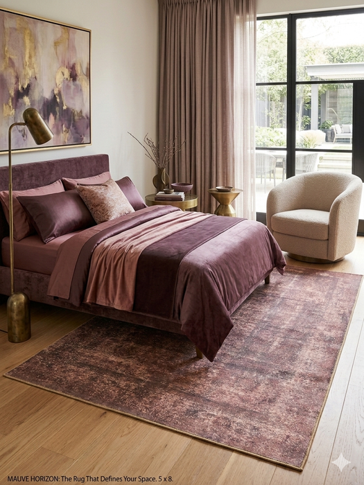 5' x 8' Rectangular Brown Beige Distressed Modern Abstract Area Rug displayed in a bedroom beneath a bed with coordinated mauve bedding.