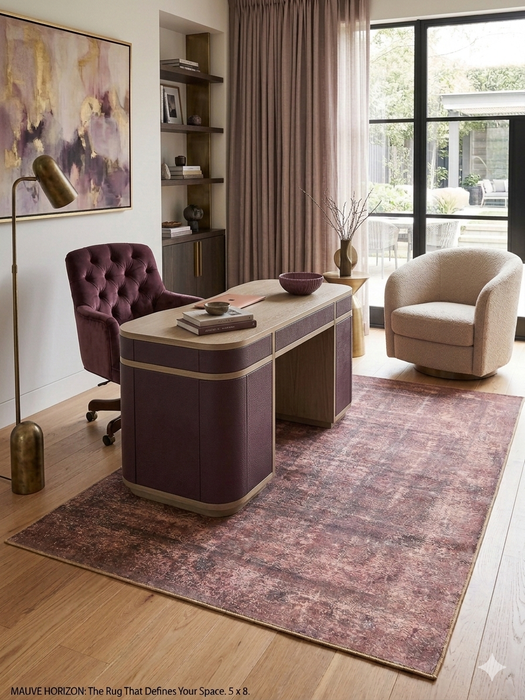 5' x 8' Rectangular Brown Beige Distressed Modern Abstract Area Rug featured in a stylish home office with curved desk and upholstered chair.