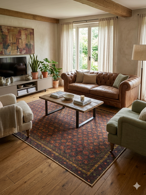 5' x 8' Rectangular Brown & Rust Repeating Medallion Traditional Washable Area Rug placed in a cozy living room beneath a wooden coffee table.