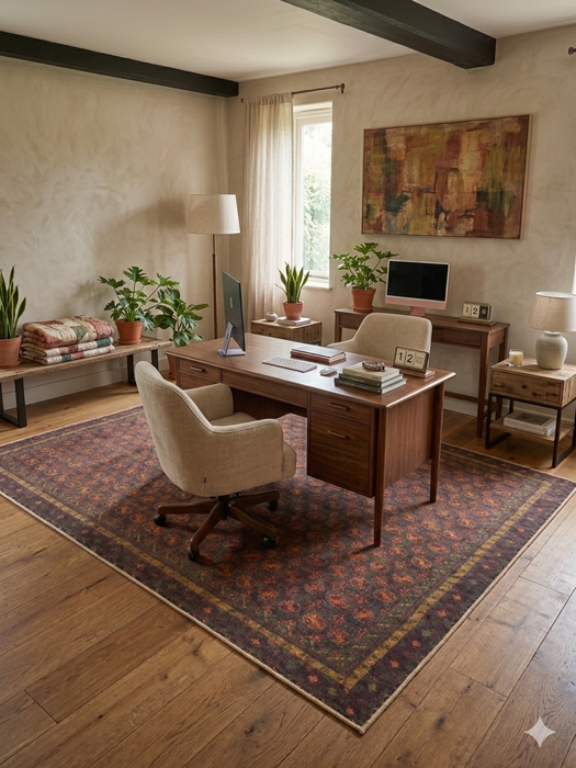 5' x 8' Rectangular Brown & Rust Repeating Medallion Traditional Washable Area Rug placed in a rustic home office beneath a wooden desk.