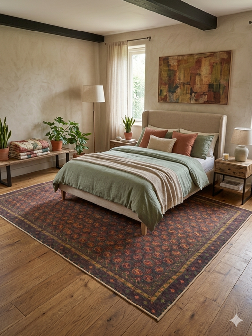 5' x 8' Rectangular Brown & Rust Repeating Medallion Traditional Washable Area Rug styled in a warm bedroom under a neatly made bed.