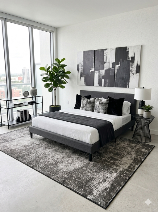 5' x 8' Rectangular Charcoal Ivory Distressed Abstract Modern Area Rug placed under a modern bed in a minimalist bedroom with gray and white bedding.