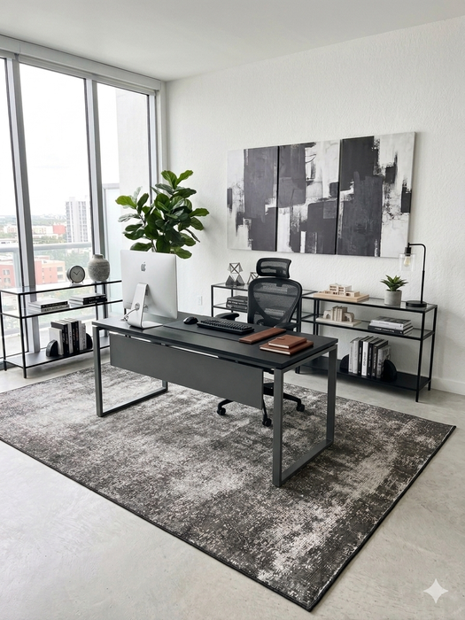 5' x 8' Rectangular Charcoal Ivory Distressed Abstract Modern Area Rug shown in a sleek home office beneath a black desk and ergonomic chair.