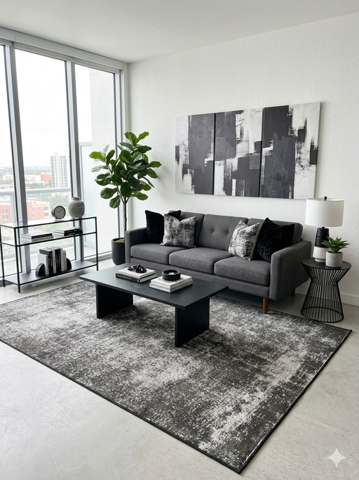 5' x 8' Rectangular Charcoal Ivory Distressed Abstract Modern Area Rug styled in a contemporary living room with a gray sofa, black coffee table, and monochrome wall art.