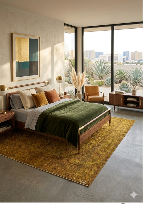 5' x 8' Rectangular Gold & Mustard Distressed Floral Traditional Washable Area Rug styled in a bedroom with warm wood furniture and desert-inspired decor.