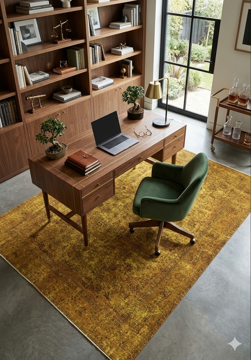5' x 8' Rectangular Gold & Mustard Distressed Floral Traditional Washable Area Rug styled in a home office with wood shelving and mid-century accents.