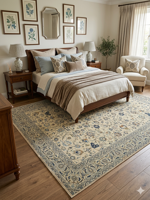 5' x 8' Rectangular Ivory Blue Floral Traditional Oriental Area Rug styled in a bedroom.