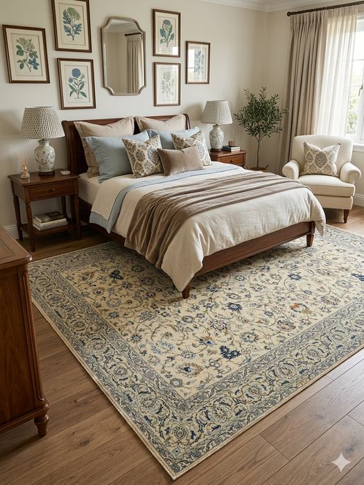 5' x 8' Rectangular Ivory Blue Floral Traditional Oriental Area Rug styled in a bedroom.